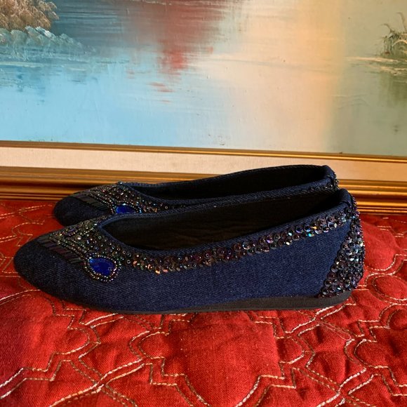 Like NEW! Meeka beaded flats 100% Cotton Royal Blue Women's size 8 - Picture 9 of 10